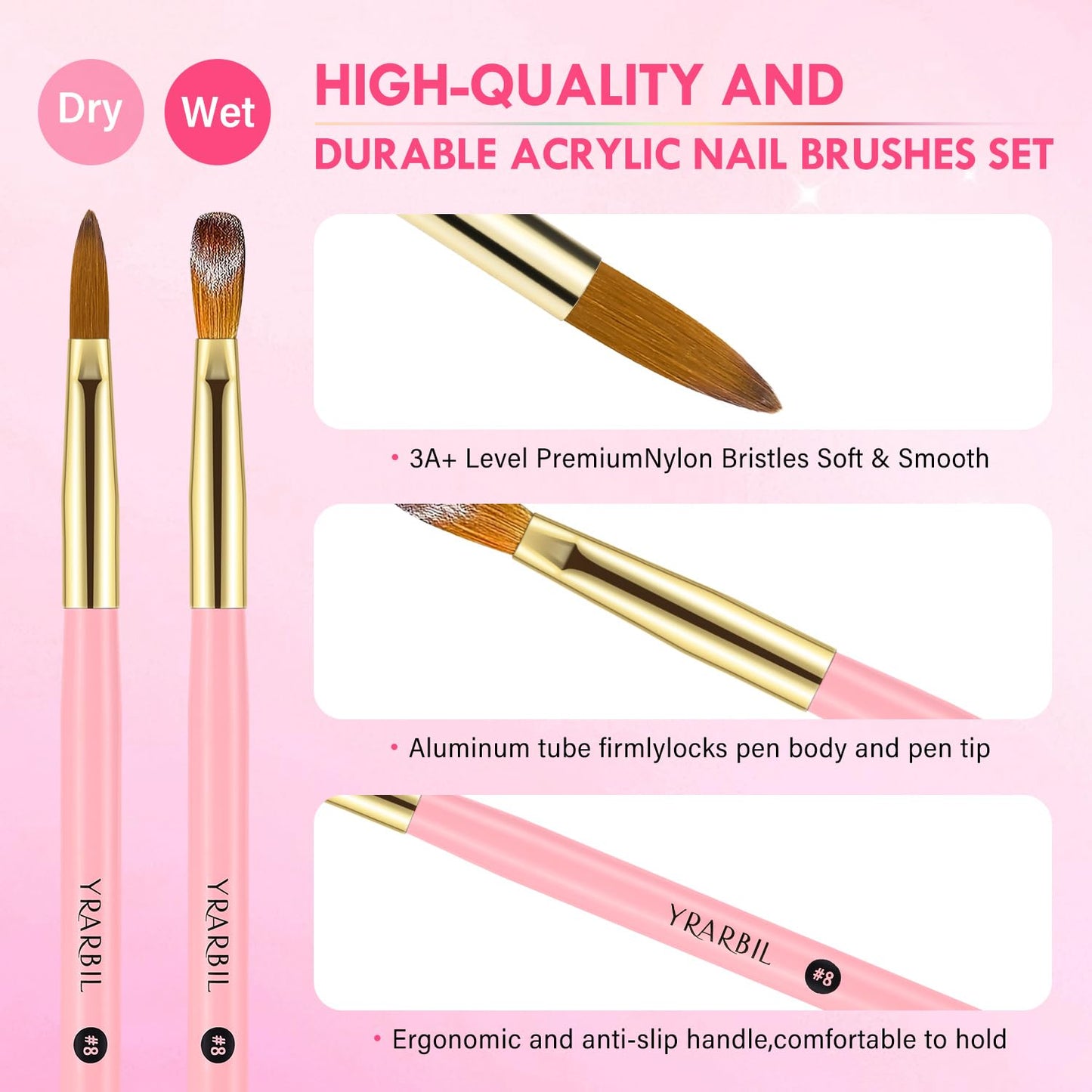 Yrarbil Acrylic Nail Brush Set, 10PCS Professional Nail Art Brushes for Acrylic Powder Applications, 3D Carving, Nail Art Extension for DIY Home Salon Tools