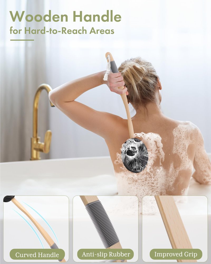 AmazerBath Silicone Body Scrubber with Long Wooden Handle, Dual-Sided Silicone Loofah for Men Women, Detachable Super-Exfoliating Body Scrubber and Super-Lathering Shower Brush Combination, Black