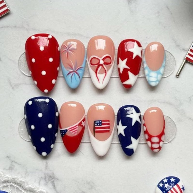 Independence Day Press-On Nails - 30Pcs Medium Almond Red, White & Blue Star Design | Reusable Patriotic Fake Nails for Women
