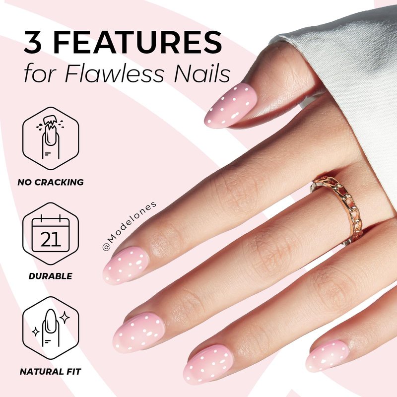 modelones Pink Short Polka Dot Press on Nails, Semi-Transparent Oval Fake Nails Kit Press Ons with Nail Glue, Adhesive Tabs, Nail File, Prep Pad, Manicure Stick, 32Pcs 16 Sizes, Spring Women Girl Gift