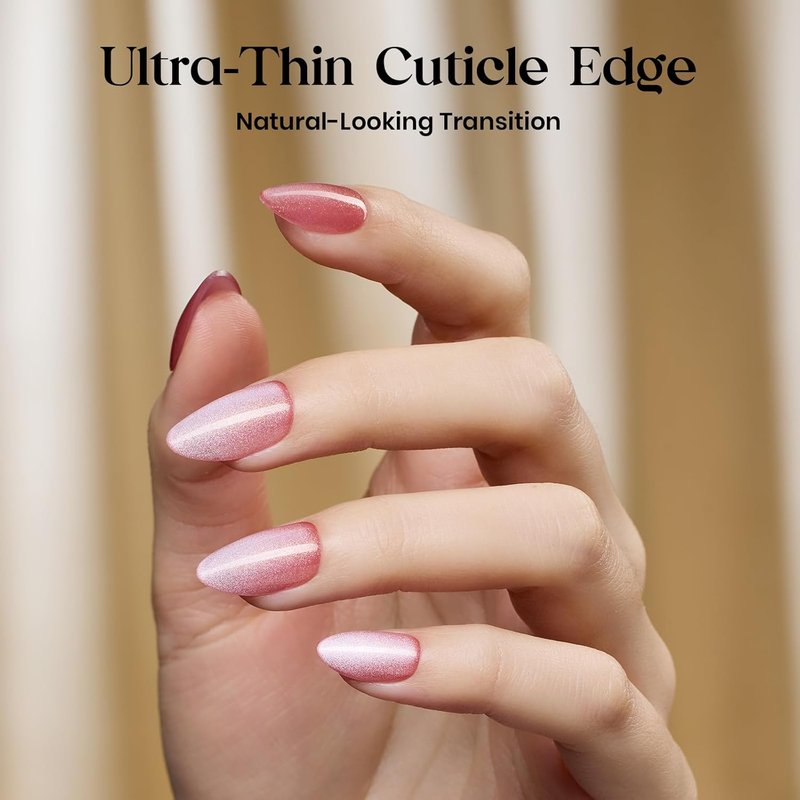 Cat Eye Press On Nails - Glossy Short Almond Nails with Fast-Dry Glue & 32pcs in 16 Sizes | Motion Glow Design