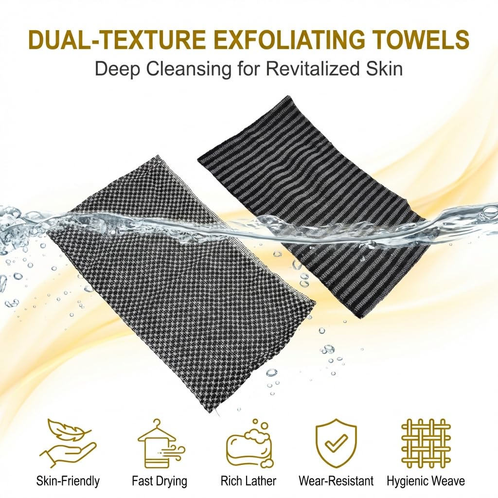 Ryetvok 2pcs Blissall Exfoliating Shower Towel,2-in-1 Advanced Exfoliatings Microfiber Towels, Premium Scrub Wash Cloth for Body Face,exfoliating Towels-Body Scrubber with 2 Sides for All Skin Types