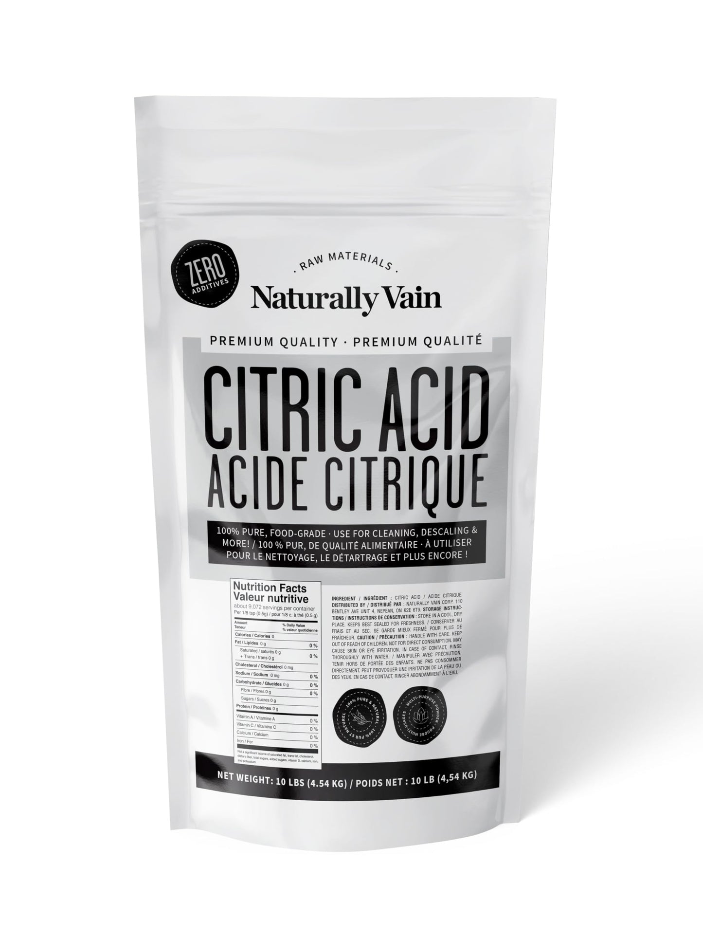 Naturally Vain Citric Acid Food-Grade, Pure Citric Acid Powder for Cleaning, Descaling, Flavoring, DIY Bath Bombs, Natural Preservative, Fine Granules, 10lb Resealable Bag
