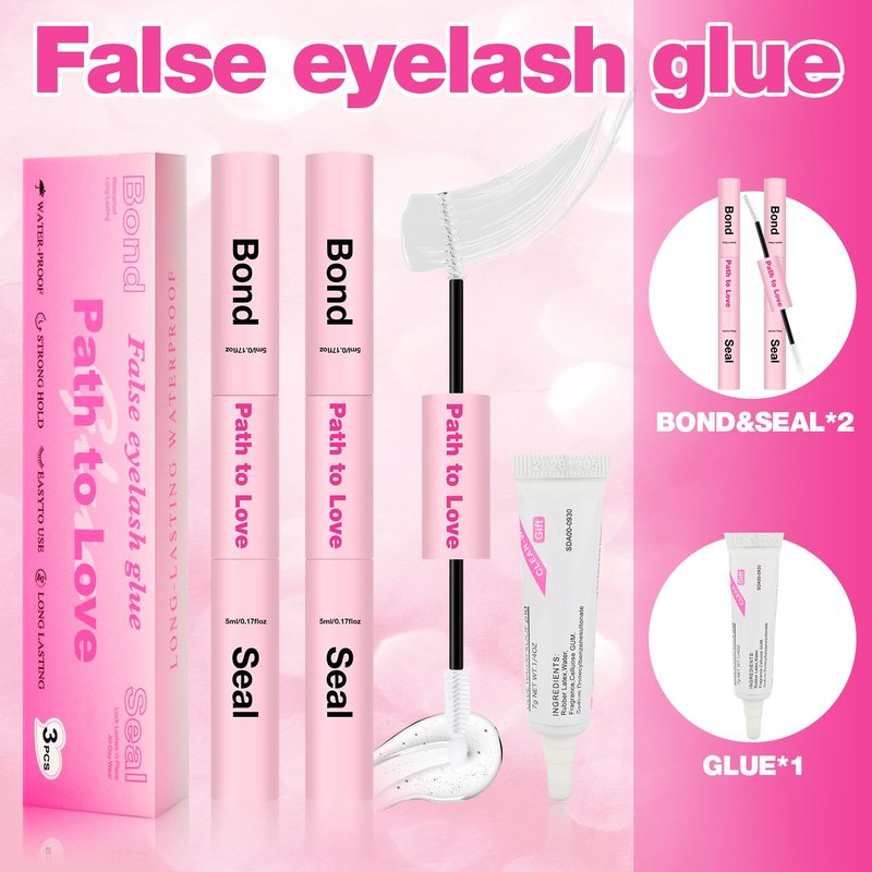Path to Love Lash Cluster Glue Set - 150H Strong Hold Waterproof Adhesive Eyelash Glue,Bond & Seal 2x5ml+5ml + 1x0.24oz Lash Glue for DIY Cluster Lashes, Home Use, Beginners & Pros (White, 3-Pack)