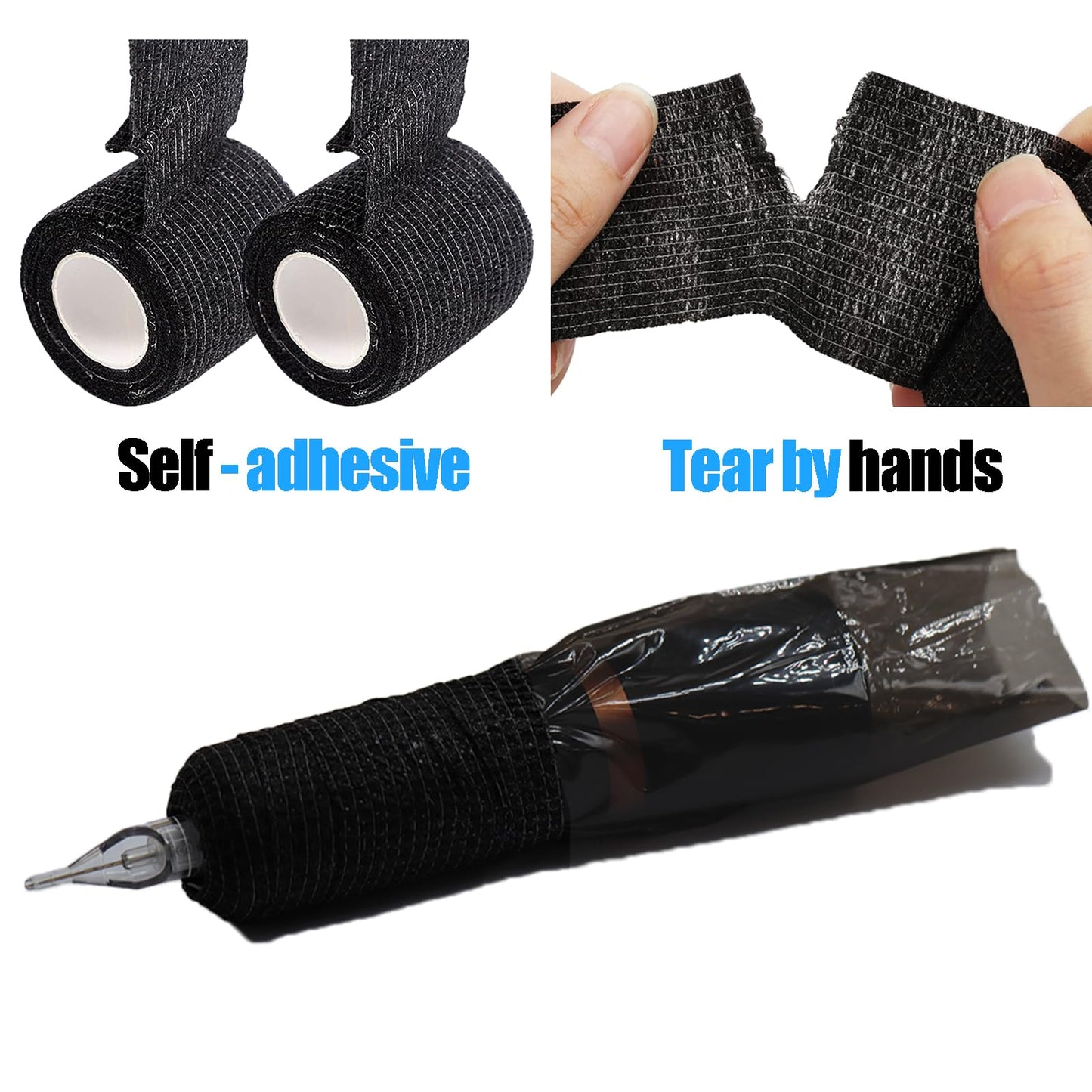 MIUXIA 204Pcs Tattoo Pen Covers & Grip Wrap - Black, 200 Covers & 4pcs Grip Tape, Tattoo Machine Parts