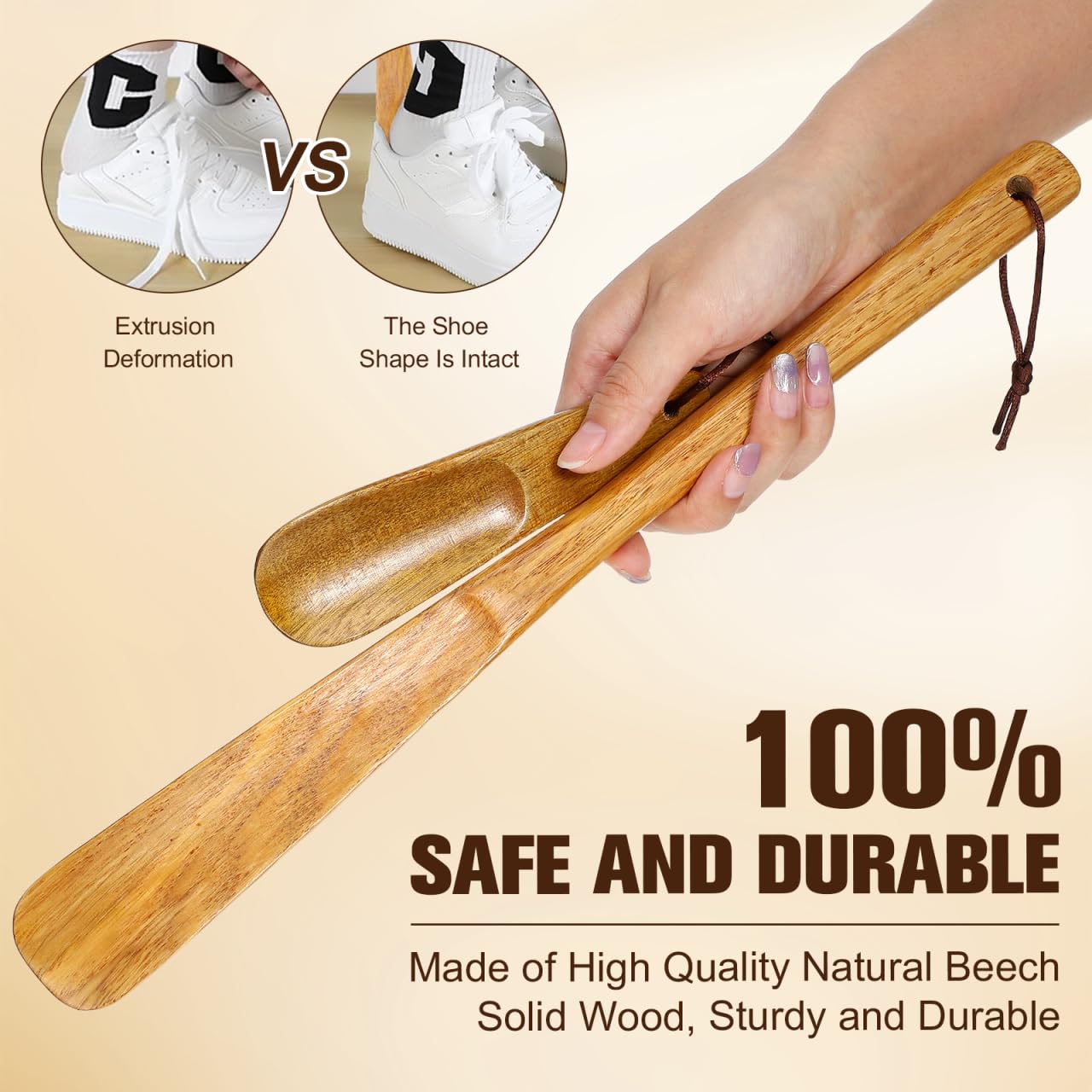 GLEAVI 2 Pack Wood Shoe Horn Set, Long Handle Boot Helper for Seniors, Portable Travel Shoe Spoon, Solid Wooden Lifter with Hanging Loop (15.7" & 6.3")