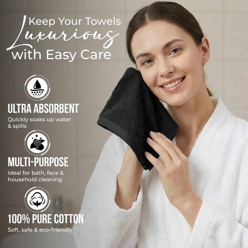 RIVERSIDE 12-Pack Premium 100% Cotton Black Face Towels for Bathroom [12x12] – Reusable Luxury Face Wash Cloths for Showering – 550 GSM Super Soft & Absorbent Washcloths for Body, Spa & Gym