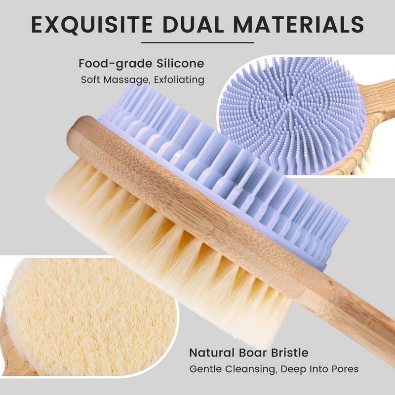 Back Scrubber for Shower - Double-Sided Silicone and Super-Dense Bristles for Deep Cleaning & Exfoliation, Bamboo Long Handle with Wider Anti-Slip Grip, Body Exfoliator for Wet or Dry Brushing