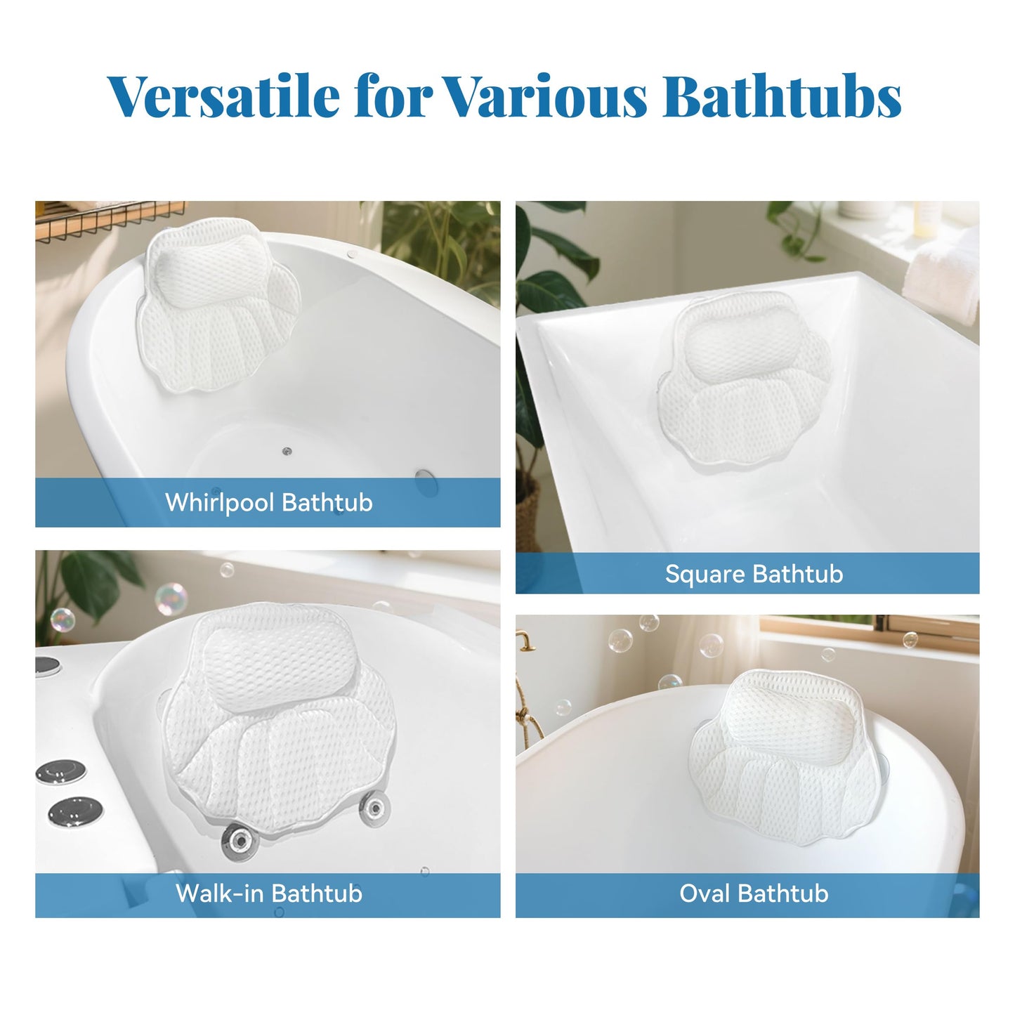 FerdY Bath Pillow for Bathtub,Thick Tub Pillows, Ergonomic Head Neck and Back Support, 6 Strong Suction Cups, Breathable 4D Air Mesh,White