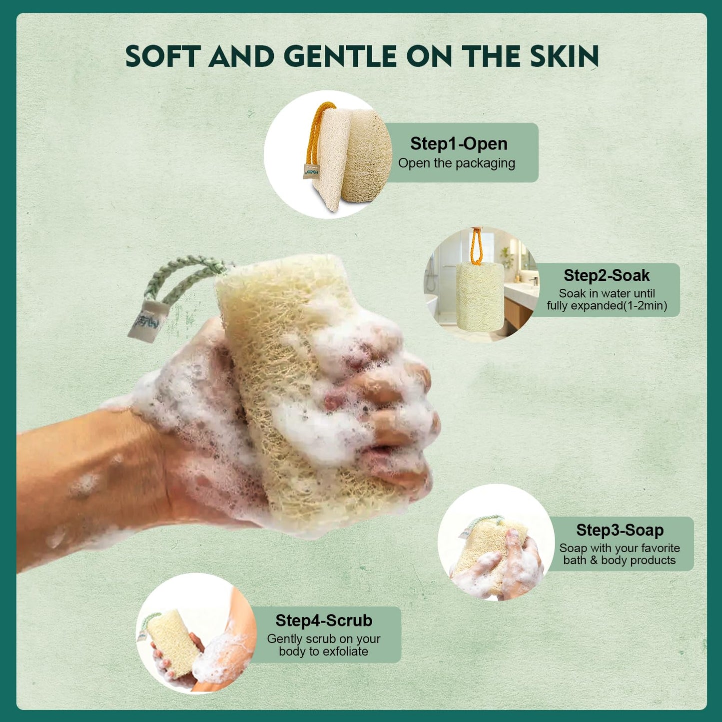 HVB Natural Loofah Exfoliating Bath Scrub, Bath Sponge, Unisex, Suitable for Both Body and Facial Use, Excellent Cleaning Effect. Pack of 4 (1 Box)