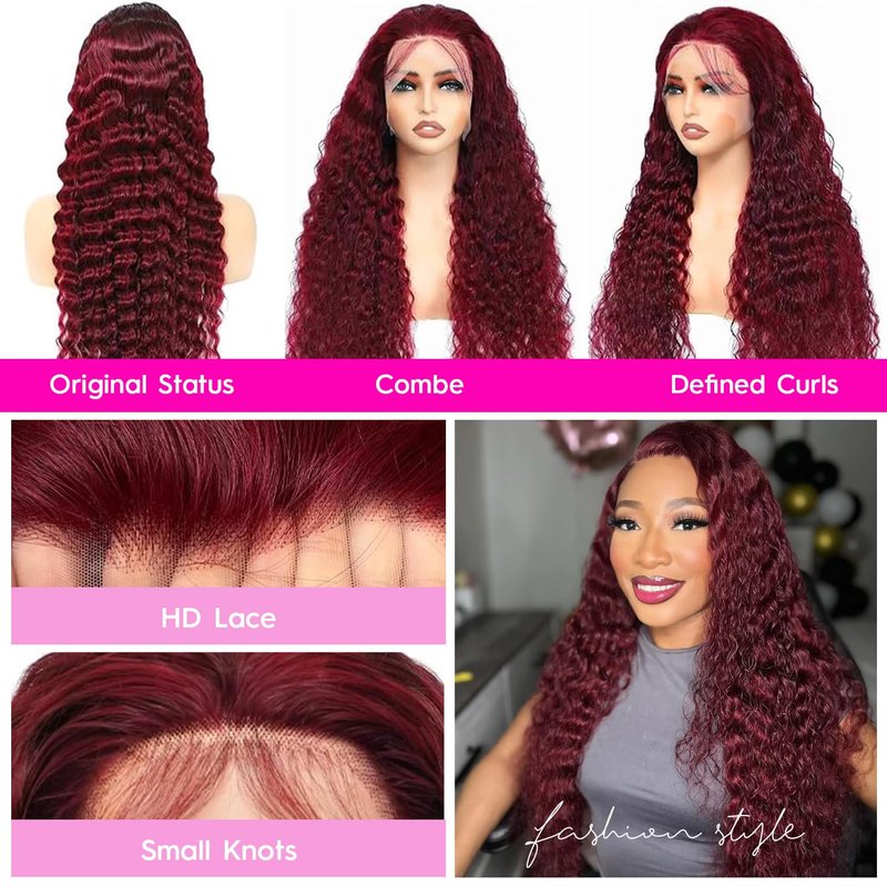 Deep Wave Lace Front Wig - 30 Inch 99J Burgundy Human Hair | HD Transparent, 200% Density, Pre-Plucked