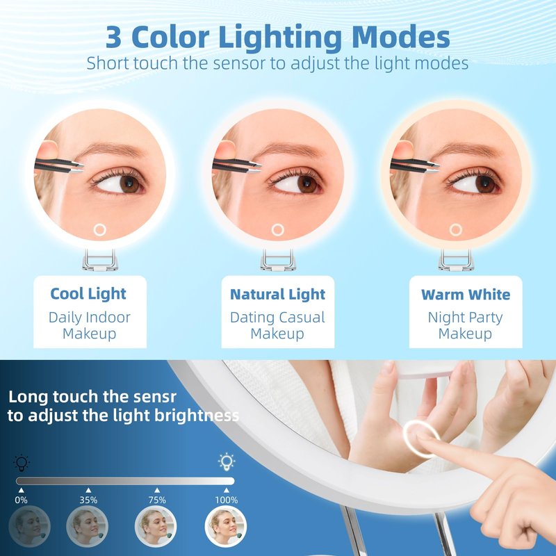 Magnifying Mirror with Light 30X, , Large 6" Rechargeable 3 Colors Modes Dimming Lighted Makeup Mirror with 30X Magnification, LED Travel Magnified Mirror with 3 Suction Cups and 360° Table Stand