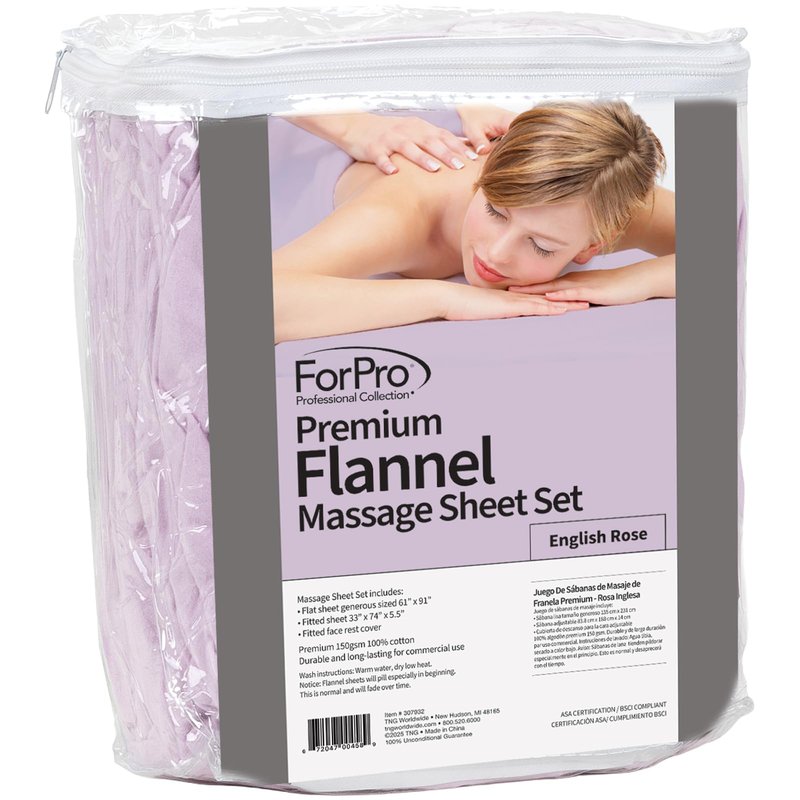 ForPro Premium Flannel 3-Piece Massage Sheet Set, English Rose, for Massage Tables, Includes Flat Sheet, Fitted Sheet and Fitted Face Rest Cover