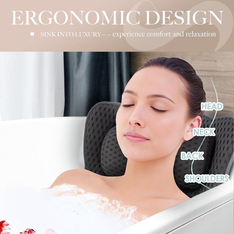 Joeyset Bath Pillows for Tub Head Neck Back Support, Bathtub Pillow 4D Breathable Air Mesh, Spa Relaxing Gifts for Women, Luxury Bathing Accessories with 6 Suction Cups and Hook (Gray)