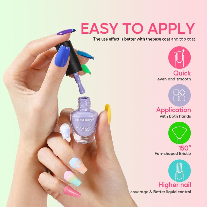 Morovan Nail Polish Set Fingernail: 48PC Air Quick Dry Nail Polish Kit with 2PC Base Top Coat Regular Nail Pack Finger Nail Bulk Gift for Women Girls