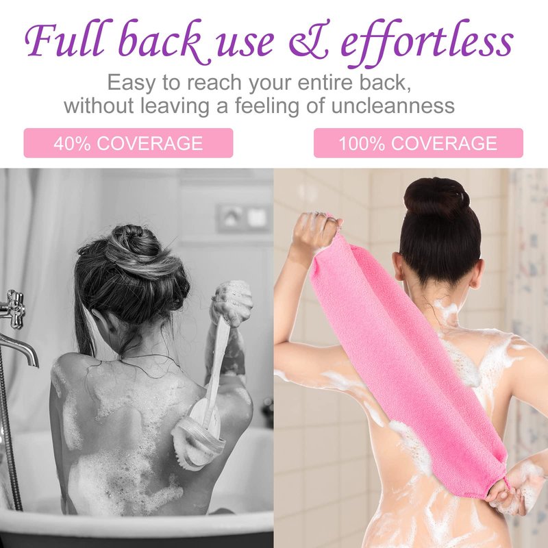 Moukeren Exfoliating Back Scrubber with Handles 4 Pack Nylon Back Exfoliator Extended Length Washers Scrubbers Stretchable Pull Strap Exfoliating Washcloth(Pink, Purple)