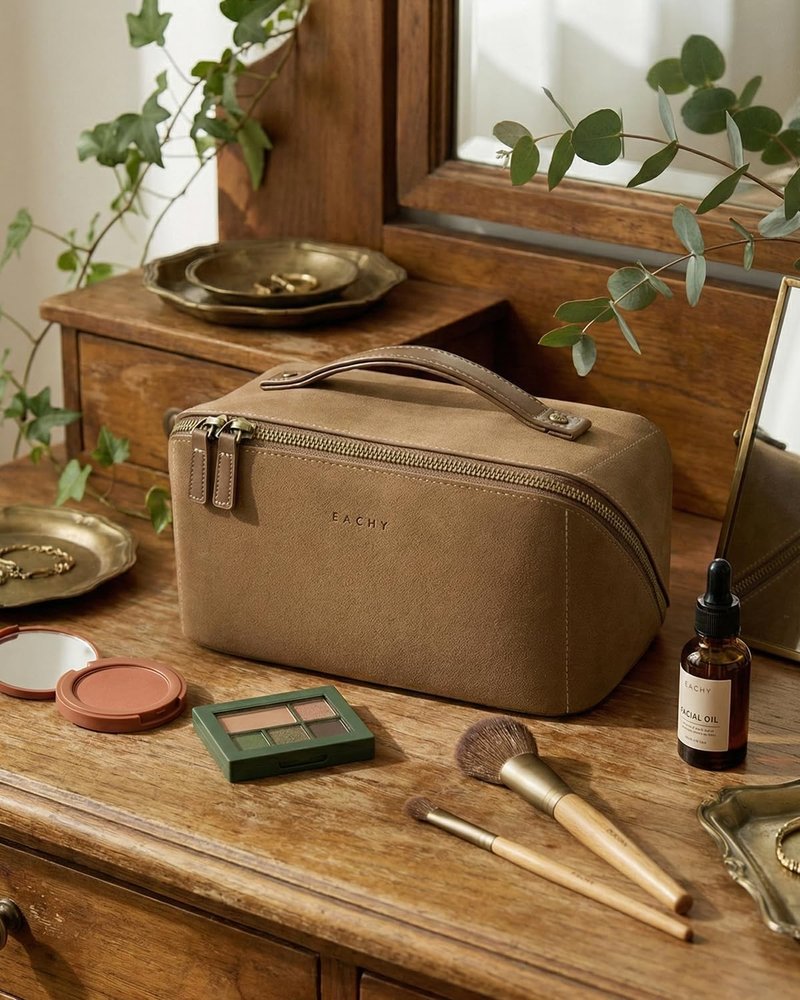 EACHY Travel Makeup Bag - Large Capacity Waterproof PU Leather Cosmetic Organizer for Women