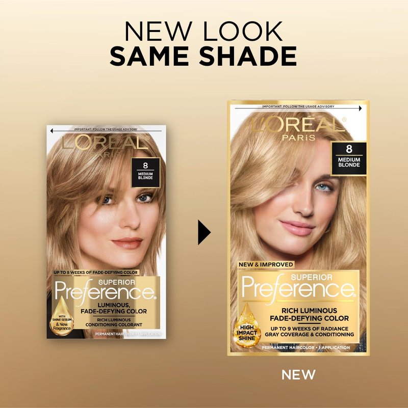 L'Oreal Paris Superior Preference Fade-Defying + Shine Permanent Hair Color, 8 Medium Blonde, Pack of 1, Hair Dye
