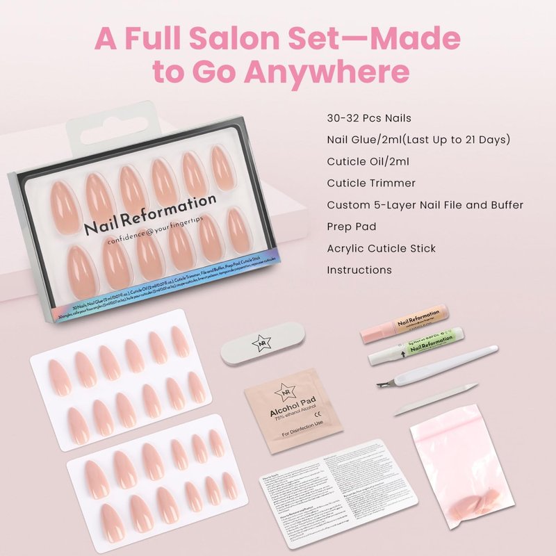 Nail Reformation Press On Nails, Soft Nude | Warm Neutral Pink Medium Almond Fake Nails with Glossy Finish, Opaque Reusable Stick On Nails Kit - 30 Pcs in 15 Sizes with Glue, Manicure Gifts for Women