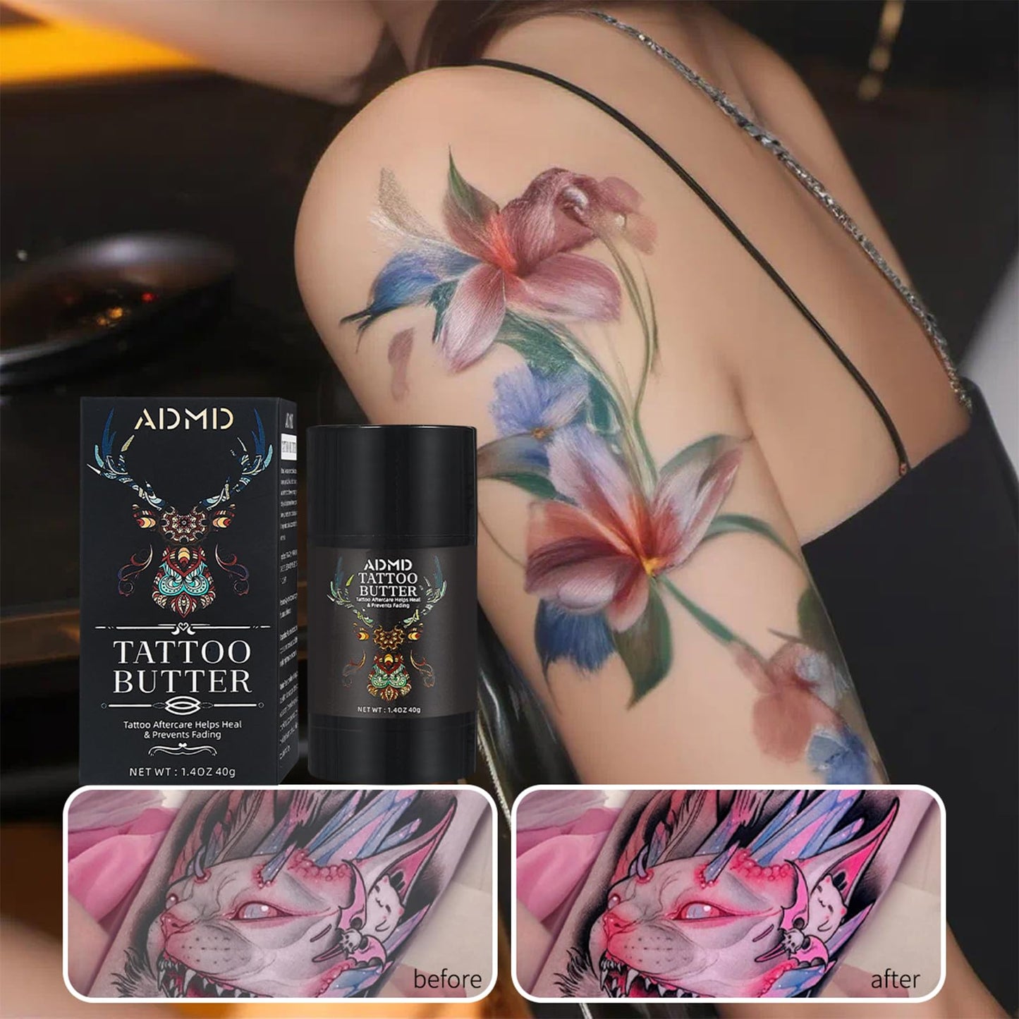 Tattoo Care Balm, Aftercare Butter for Tattoos - Color Enhancing Moisturizer to Keep Ink Bright, Soothes & Protects Skin, 40g /1.41oz