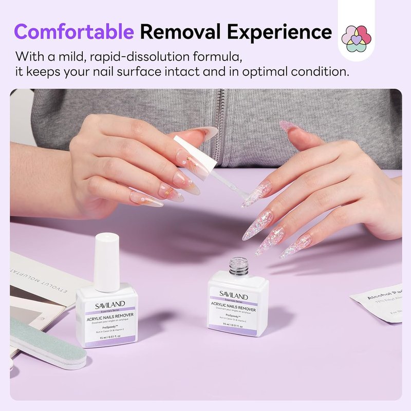 SAVILAND Acrylic Nail Remover Kit - 30 ml Gentle Acrylic Dissolver with Cuticle Oil & Care Tools