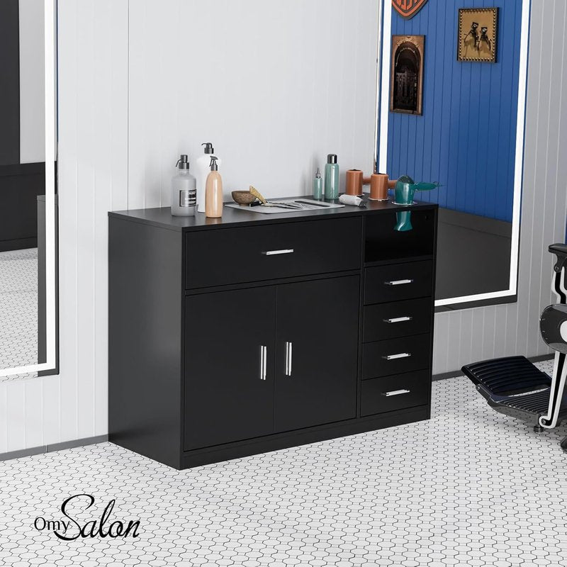 OmySalon Free Standing Salon Station - Barber Styling Cabinet with 5 Drawers & 3 Dryer Holders | Black