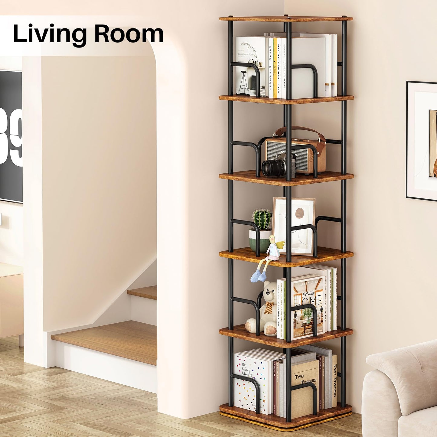 Branwick Rotating Bookshelf 5 Tier 360° Accessibility, Revolving Bookcase Spinning Bookshelf Tower, Wood Narrow Space Saving Book Shelf Organizer for Bedroom, Living Room, Study Room