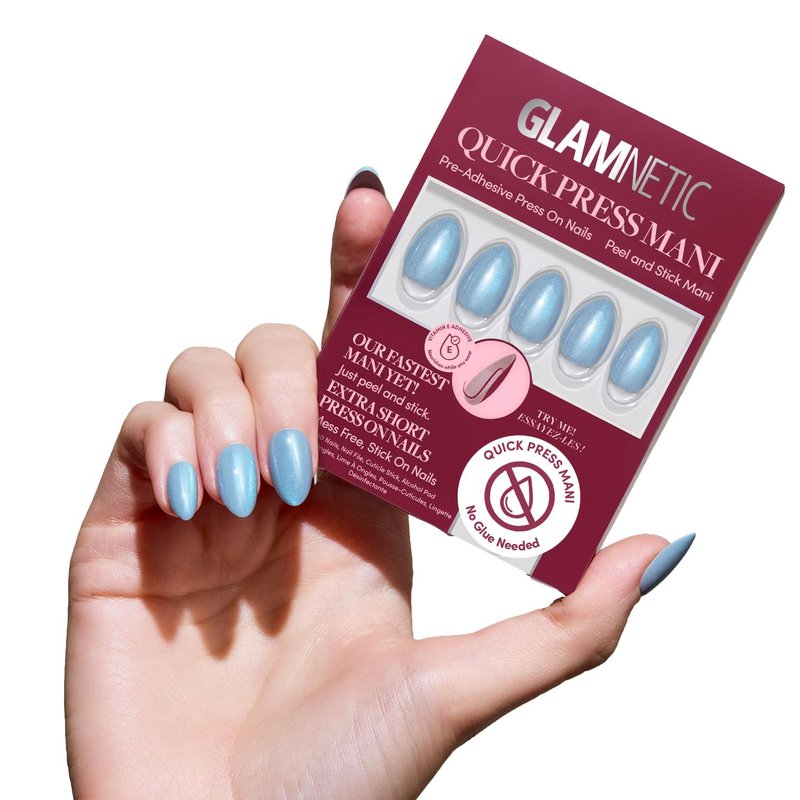 Glamnetic Quick Press Mani - No Glue Press On Nails, Just Peel and Stick, Almond Extra Short Nails, Mess Free, Salon Quality Stick On Nails, Ocean Prism | in 15 Sizes - 30 Nail Kit