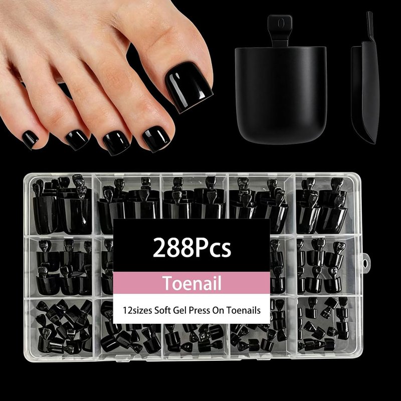 Jsiallye 288Pcs Press on Toenails For Women,Black Fake Toe Nails For Girl,Fake Toenails Press on Nails Short Square Acrylic Toe Nail Tips Glue on Toenails False Artificial Toe Nails Press ons
