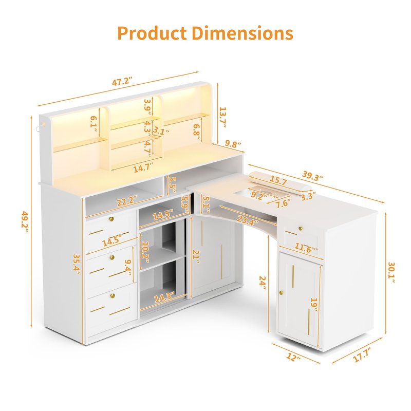 HolaiNail Manicure Table with Dust Collector, L-Shaped Nail Desk with Mobile Desktop, LED Light, Glass Display Rack, Storage Cabinets and Drawers for Home Spa Beauty Salon Nail Station, White