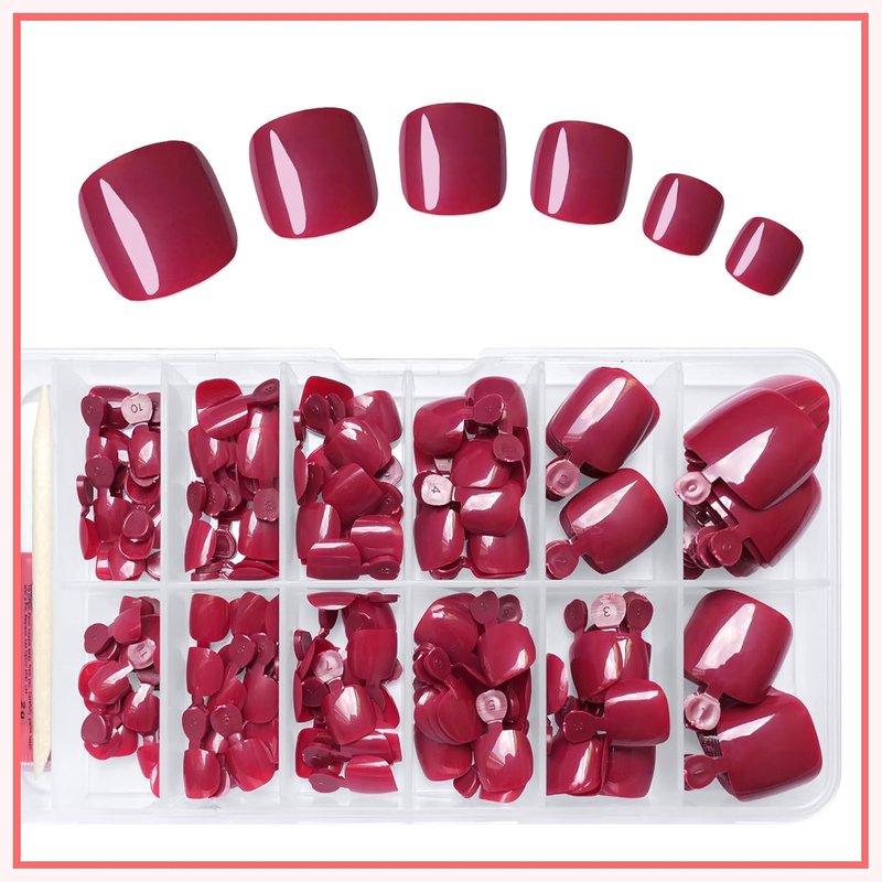Skiennix 168pc Press-On Toenails - Berry Red Short Square Acrylic Tips for Effortless Style
