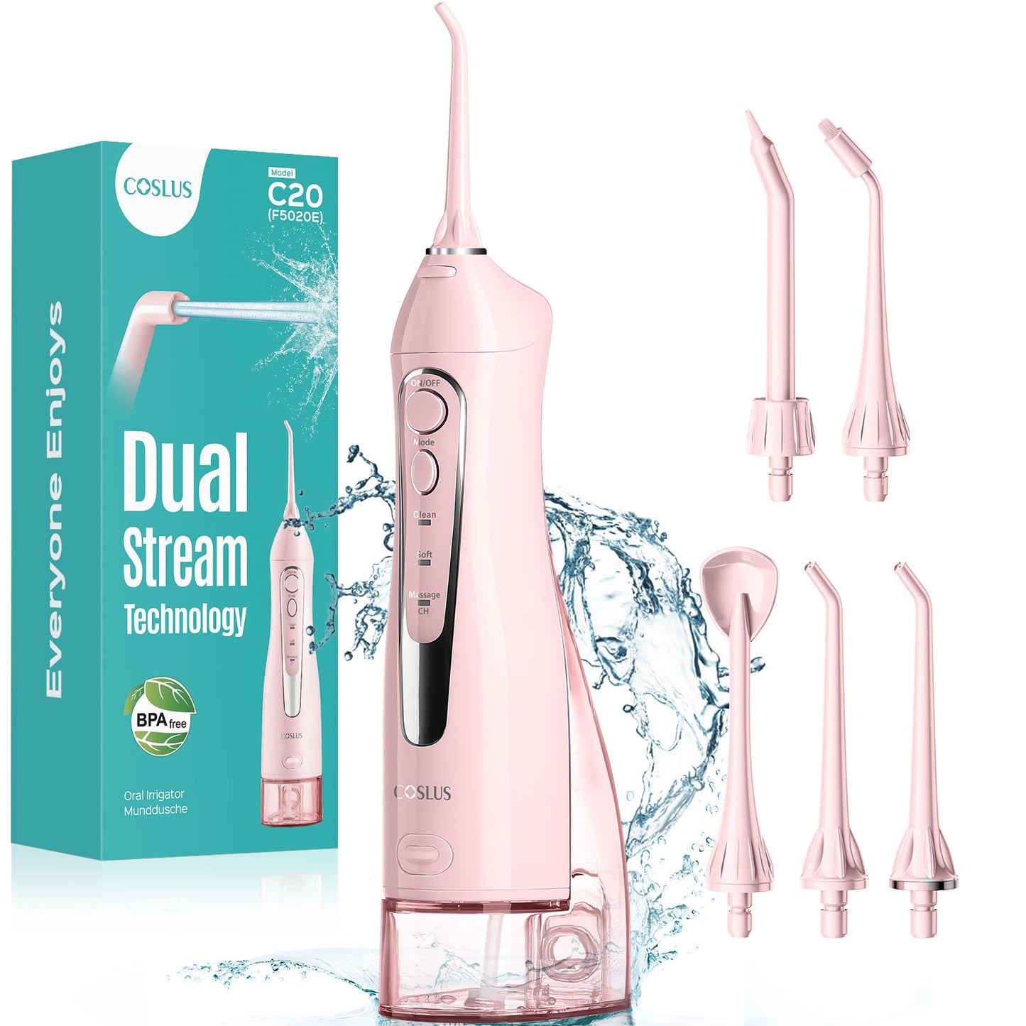 COSLUS ADA Accepted Water Dental Flosser Teeth Pick C20: Portable Cordless Oral Irrigator 300ML Rechargeable Travel Irrigation Cleaner IPX7 Waterproof Electric Flossing Machine, Professional Set Pink