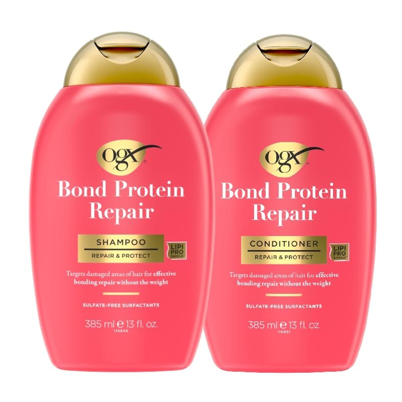 OGX Repair + Protect Bond Protein Shampoo & Conditioner Set - Sulfate-Free Hydration for Damaged Color-Treated Hair | 13 fl oz Each (Pack of 2)