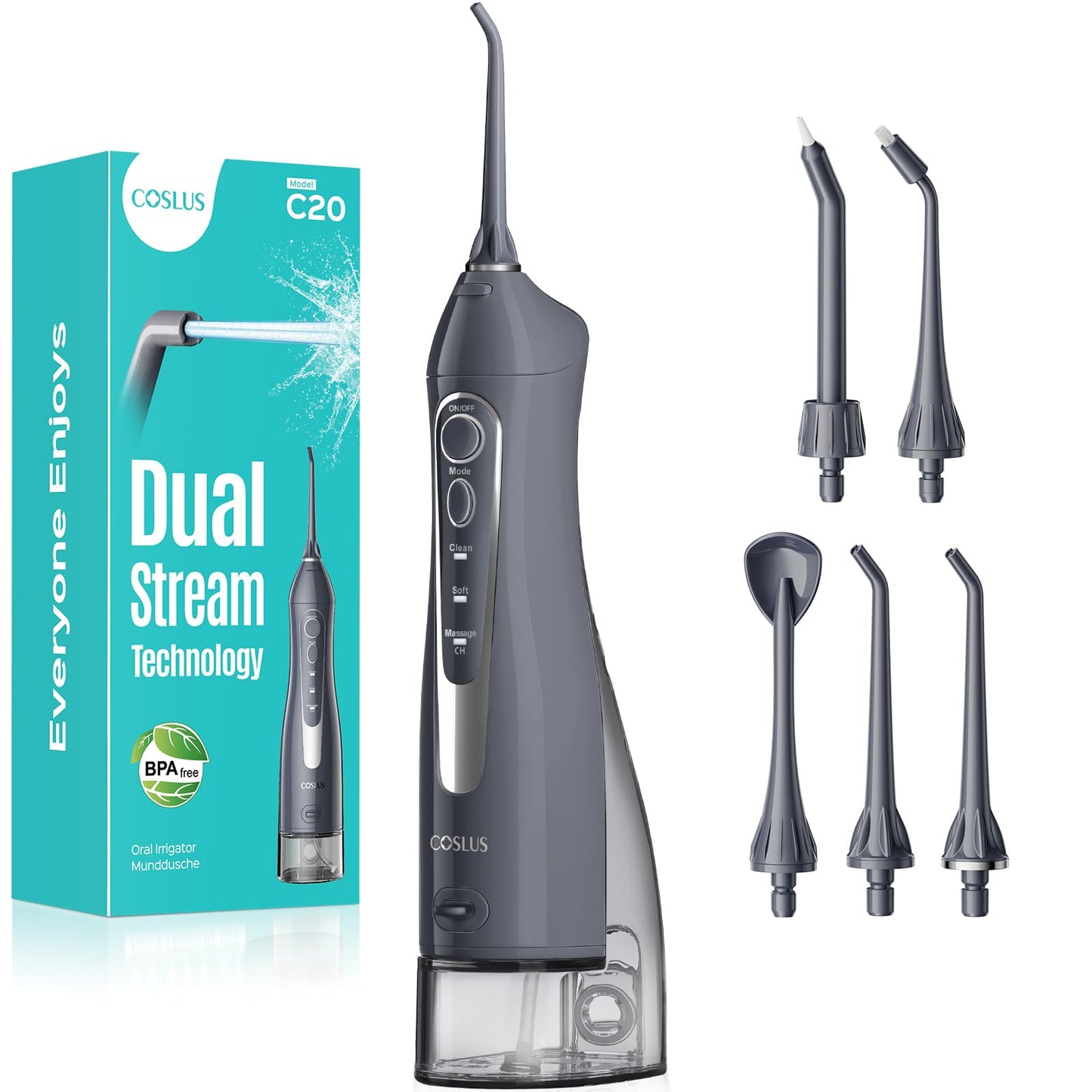 COSLUS Water Dental Flosser Teeth Pick C20: ADA Accepted, Portable Cordless Oral Irrigator 300ML Rechargeable Travel Irrigation Cleaner IPX7 Waterproof Electric Flossing Machine for Teeth, Grey