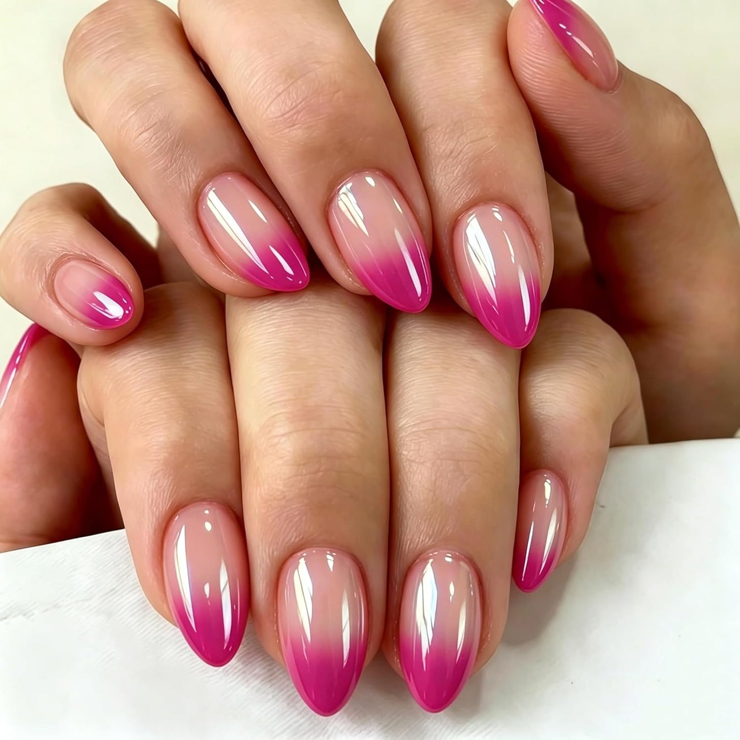 SXVME Press-On Nails - Chrome Ombre Hot Pink Short Almond Design | 30 Pcs Glazed Glitter Stiletto Set