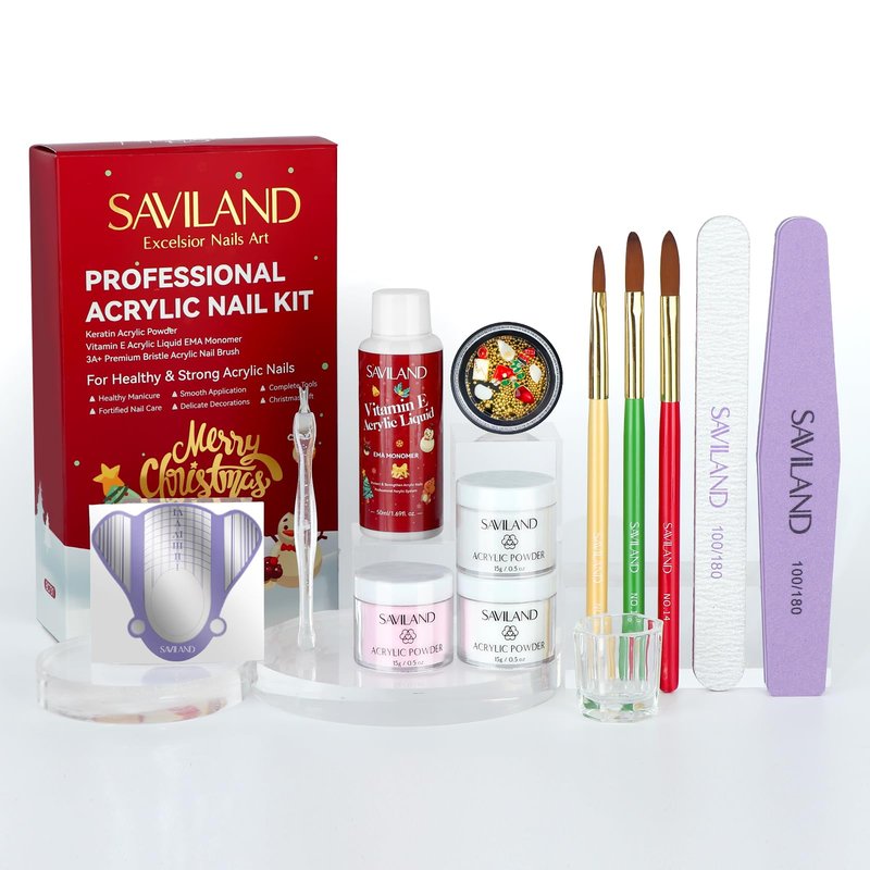 SAVILAND Acrylic Nail Kit : Christmas Nails Kit Acrylic Set EMA Monomer Brush for Long Lasting Nails DIY at Home Beginner Friendly Christmas Gift Set
