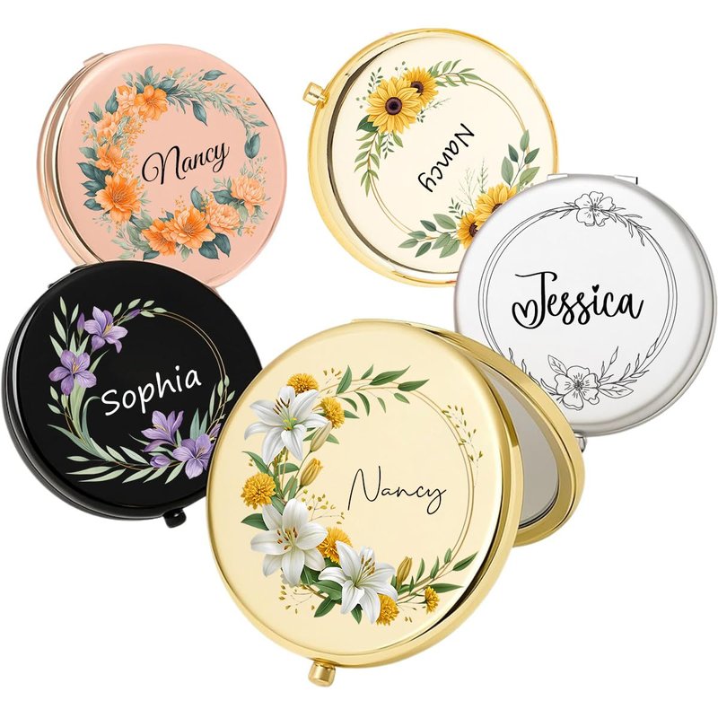 KeenlyMade Personalized Compact Travel Mirror with Floral and Name, Double-Sided Folding Handheld Mirror for Purse, Gifts for Mothers Day from Daughter/Son