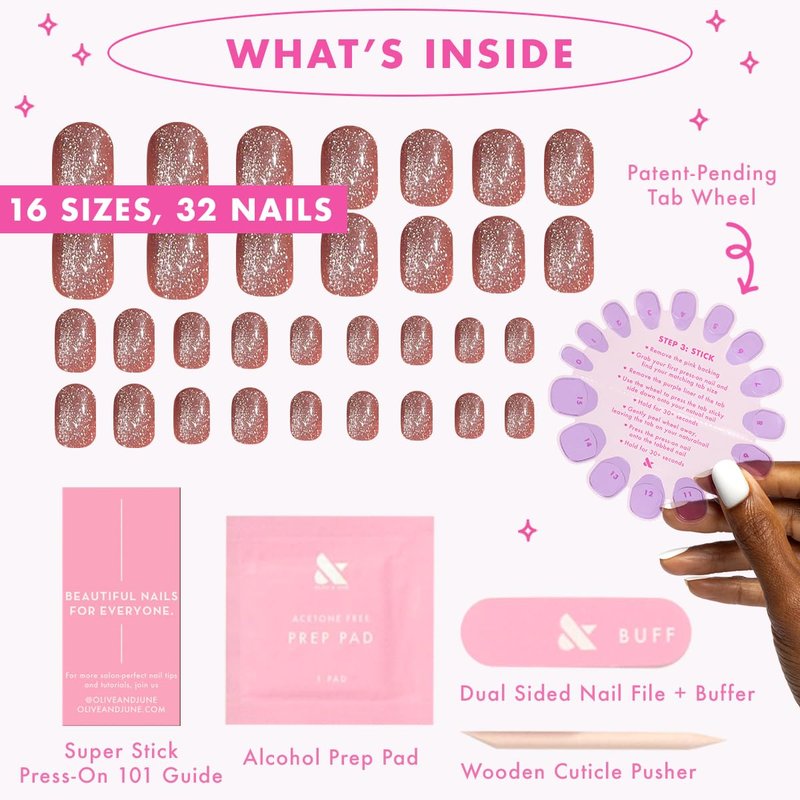 Olive & June Effects Super Stick Mani Press On Nails | Extra Short Round | No Glue Needed | 32 Tab Nails in 16 Sizes | Non-Toxic Tabs | Easy On-Off Non-Damaging Real Look | 7-Day Wear | Shacket Velvet
