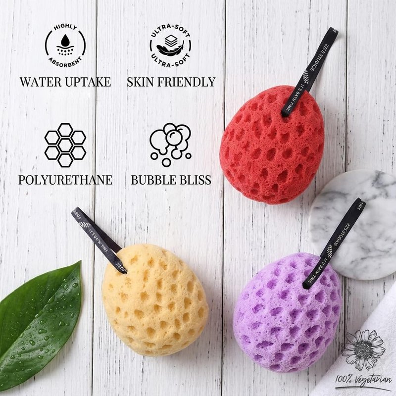 Fumgranth 3 Pack Loofah Sponge for Shower, Soft Shower Sponge for Body Cleansing, Sea Sponge Texture for Rich Lather and Gentle Exfoliation, Quick Dry Body Sponge for Men and Women