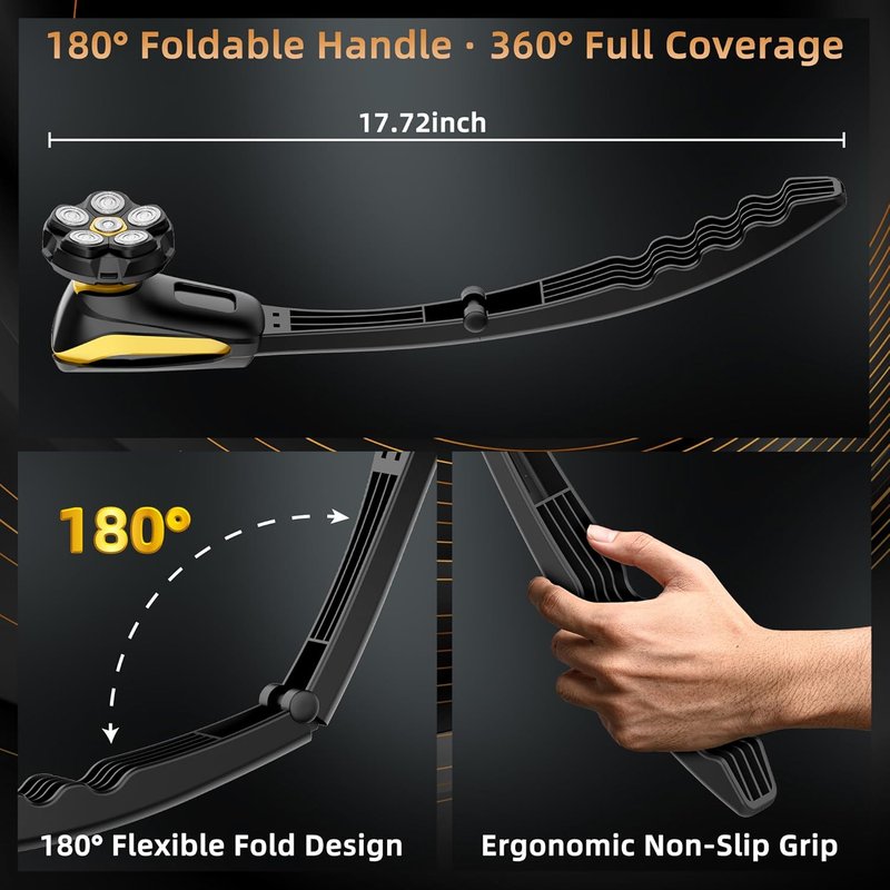 Electric Back Shaver for Men - Long Foldable Handle Back Razor with 6D No-Scratch Shaving - Self-Service Waterproof Grooming Kit for Body, Beard &Head Hair Removal, Gifts for Him (Matte Black)