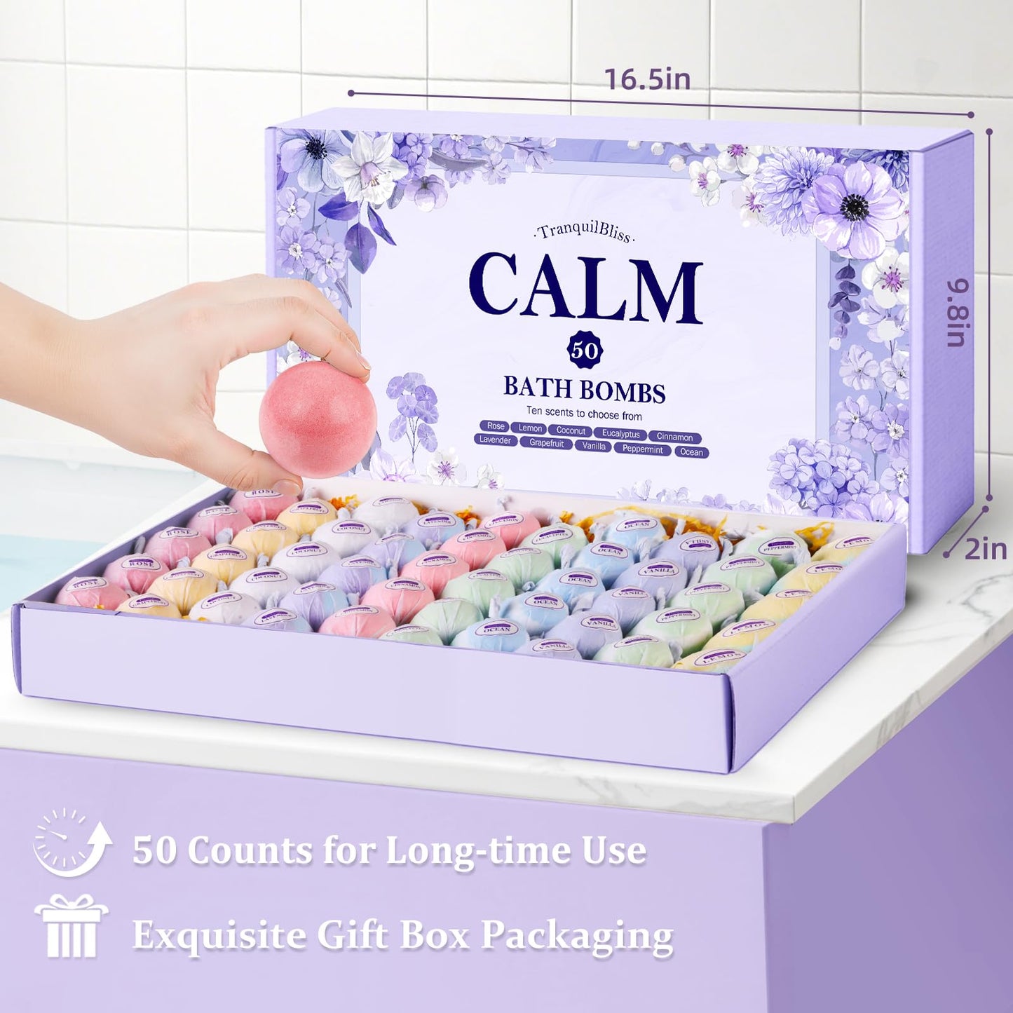 TranquilBliss Bath Bombs for Women, 50 PCS Set with 10 Rich Scents, Natural Bubble Bathbombs, Dry Skin Moisturizing, Present for Christmas, Mother’s Day, Birthday, for Mom, Wife, Her, Girls