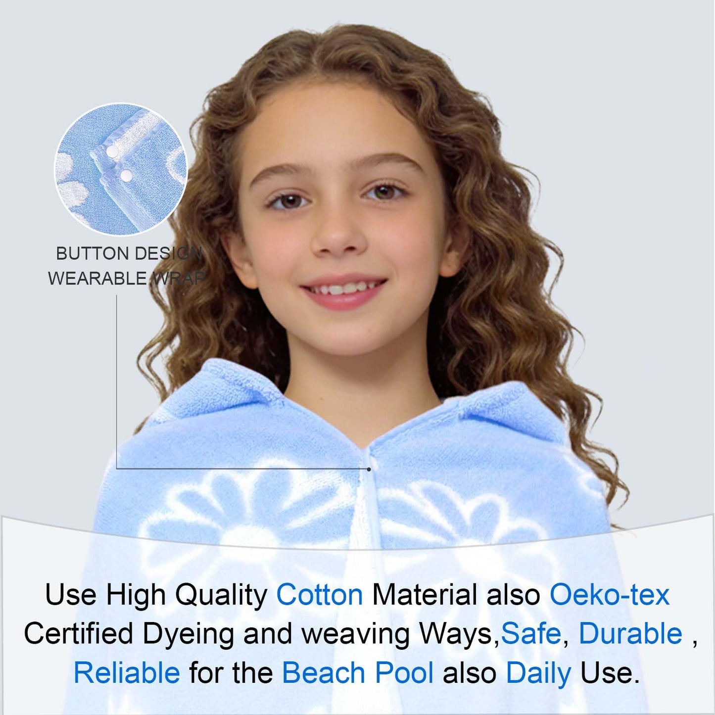 VOOVA & MOVAS Hooded Bath Towels for Teens/Big Kids (8Years Up) | Soft Absorbent 100% Cotton Thick Towel Wrap | Versatile Beach, Pool, Swim & Bath Cover-Up | Jacquard Blue Daisy