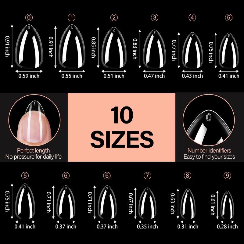 AILLSA Short Stiletto Nail Tips 504PCS Clear Full Cover Soft Nail Tips Gel Fake Nails Tips Preshaped Press on False Gelly Tips for Nail Extension DIY Home Salon Gift, 10 Sizes