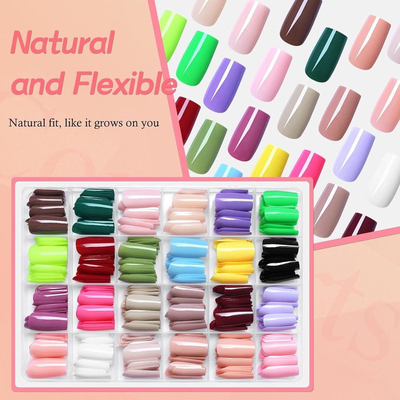 Skiennix 576pc Square Press-On Nails | Medium Acrylic Fake Nails in 24 Vibrant Colors