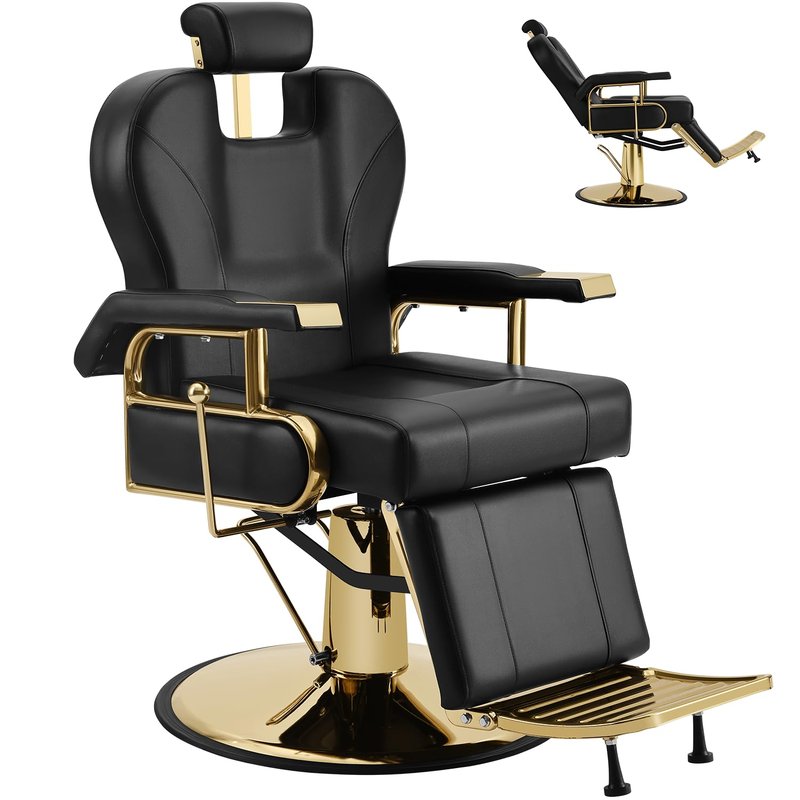 KIIUMI Barber Salon Chair, Black Gold Reclining Barbershop Chair, Heavy Duty Hydraulic Hair Stylist Armchair w/Footrest and Headrest, 360 ° Swivel Hairdresser Shampoo Spa Beauty Equipment