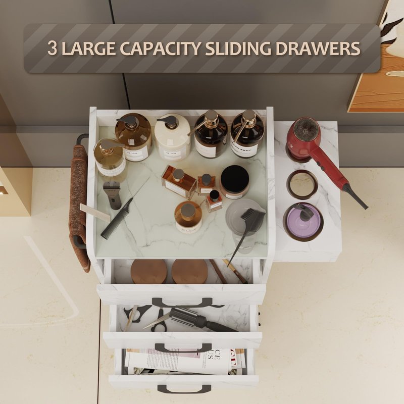 Kikihuose Salon Storage Trolley Cart, Rolling Barber Station w/Toughened Glass Top, Drawers, Hair Dryer Holders, Towel Rack, Locable Wheels for Hair Stylist, Salon Storage Equipment, White Marble
