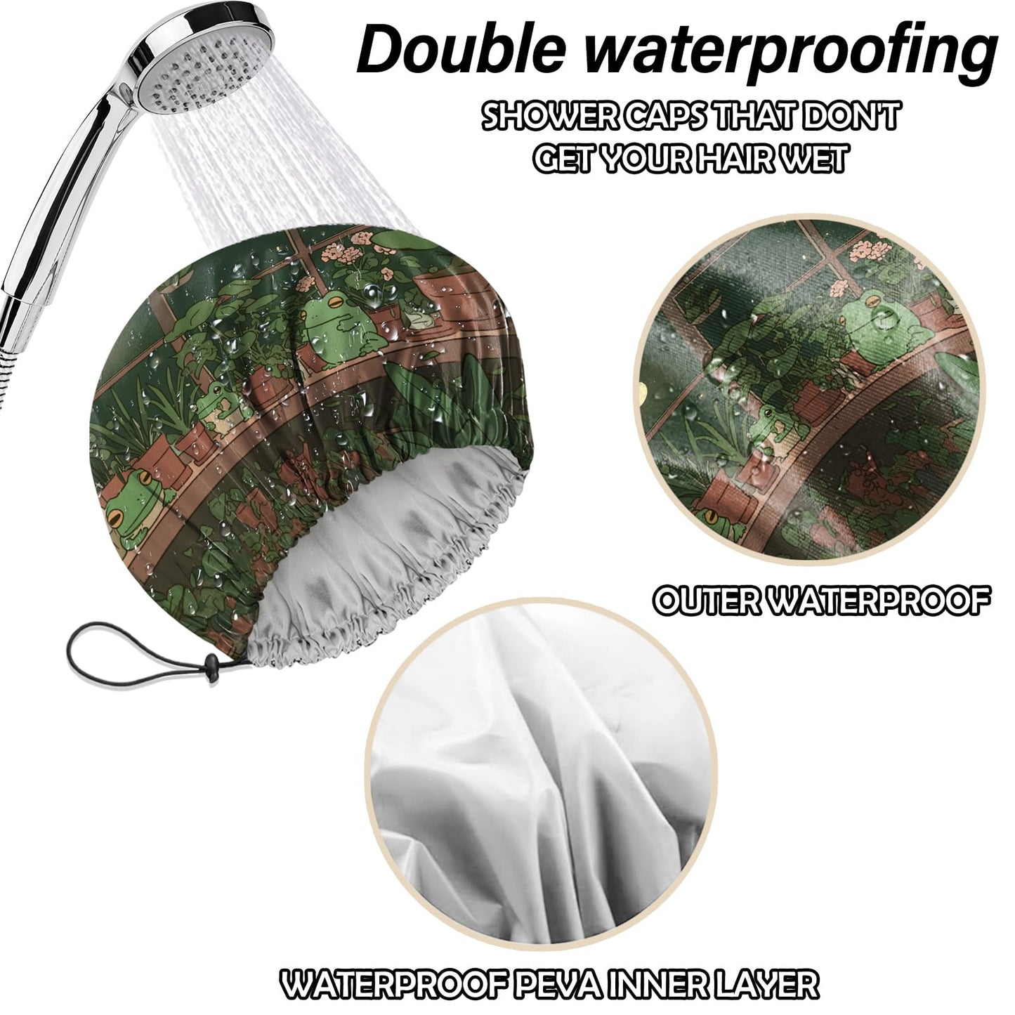 Cabreche 2 PCS Shower Cap Reusable Waterproof Double Layers Hair Caps Shower Bath Adjustable Elastic Hat for Women Girls Cute Aesthetic-Sea Turtle Frog