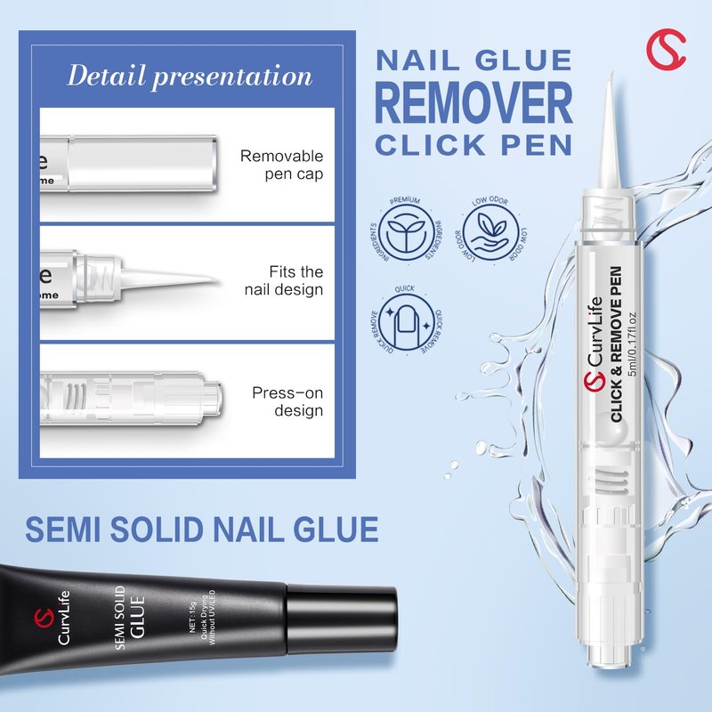 Curvlife 15g Nail Glue Gel - 3-in-1 Press-On Nail Kit | No UV Light Needed, Easy Click & Remove Design