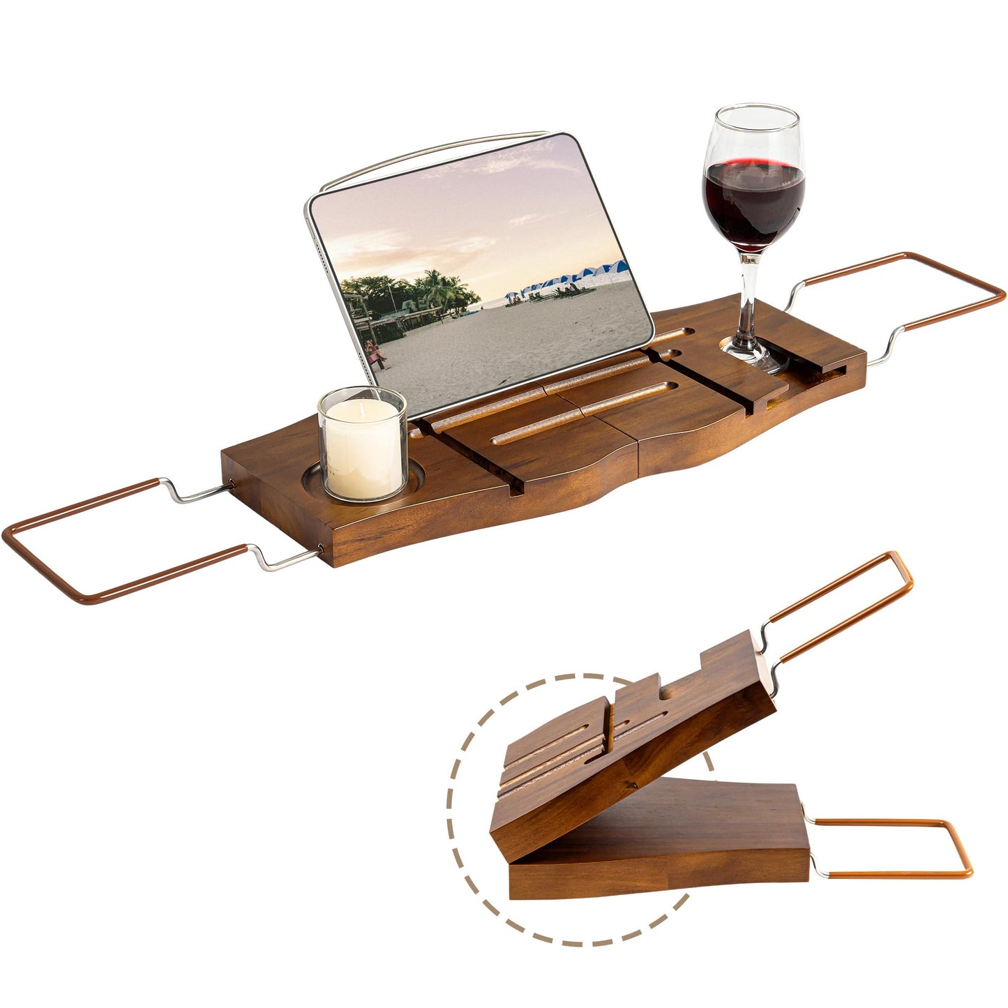 Teak Bathtub Tray Expandable Bathroom Tray for Home Spa Relaxation, Wooden Tray Caddy for Bathtub, Teak Bathtub Caddy as Unique Housewarming, Birthday, Wedding Shower Gifts. Light Walnut