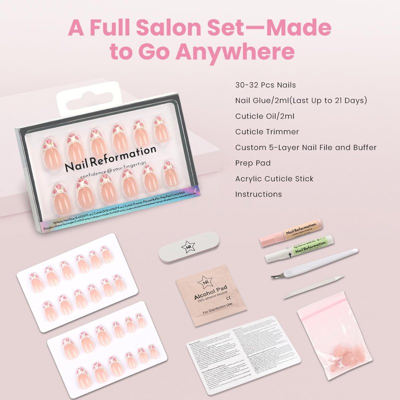 Nail Reformation Press On Nails, Fleur De Lace | Short Almond Fake Nails with Lace French Tip & Rose Floral on Nude Base in Glossy Finish, Reusable Nails in 16 Sizes - 32 Nail Kit, Gifts for Women
